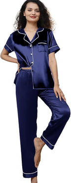 WJing Yi Jia Womens Pajamas Set XS-4XL Floral Silk Satin Pajama Sets Silky Pj Sets 2Pcs Loungewear Sleepwear Button Down Pjs