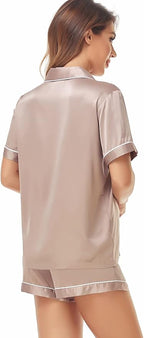 Serenedelicacy Women's Satin Pajama Set 2-Piece Sleepwear Loungewear Button Down Short Sleeve Silky PJ Set