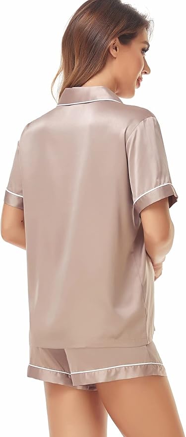 Serenedelicacy Women's Satin Pajama Set 2-Piece Sleepwear Loungewear Button Down Short Sleeve Silky PJ Set