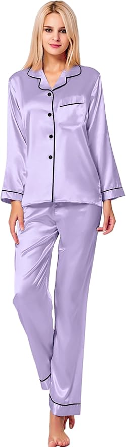 SWOMOG Womens Silk Satin Pajamas Set Long Sleeve Button Down Sleepwear 2 Piece Lounge Set Pj Set XS-3XL