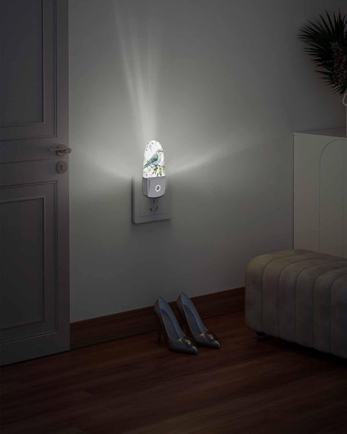 Spring Bird Pink Peach Blossom Night Light Plug into Wall, Watercolor Green Leaves Popsicle Shape Night Light Nightlight with Light Sensors for Kids Bedroom Hallway