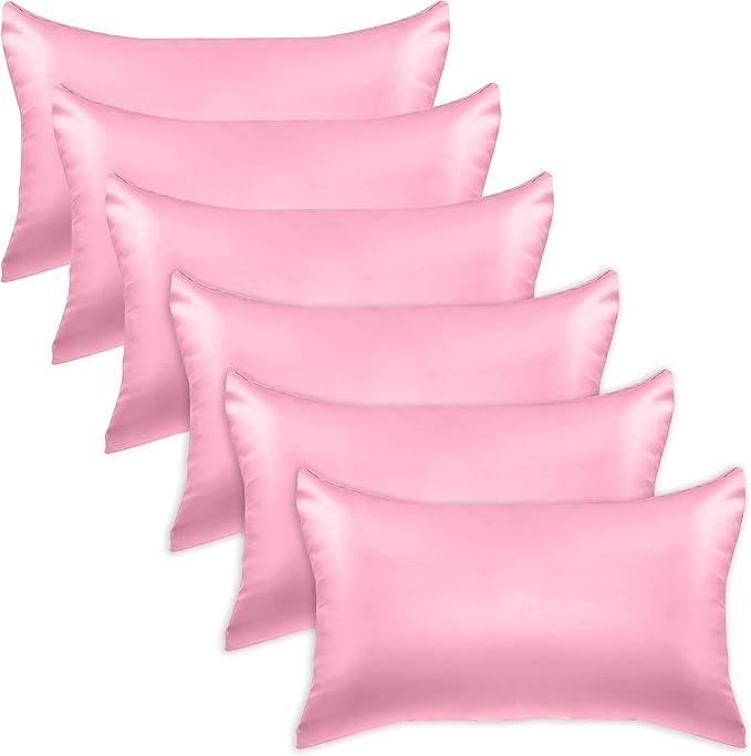 Elegant Comfort 6-Pack Cooling Viscose Satin Pillowcase Set with Hidden Zipper Closure, Silky Smooth for Best Hair and Skin Care-Beautiful Gift Box-6-Piece Satin Pillowcase Set, King, Light Pink