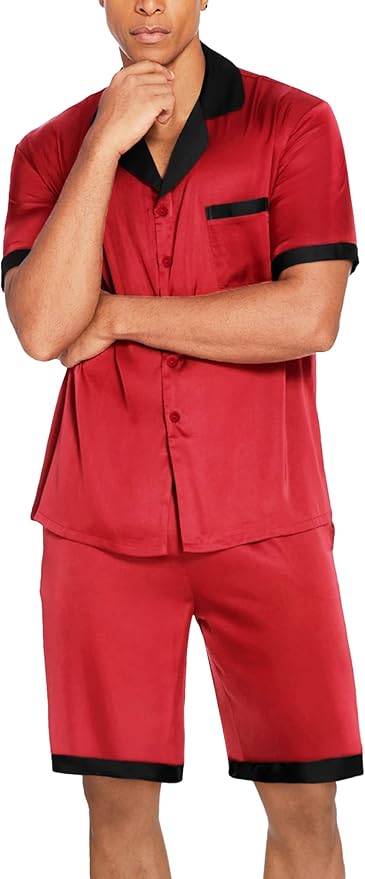 Ekouaer Men Satin Silk Pajamas Set with Pockets Sleepwear Shorts Satin Summer Loungewear 2 Piece Button Down Set S-3XL
