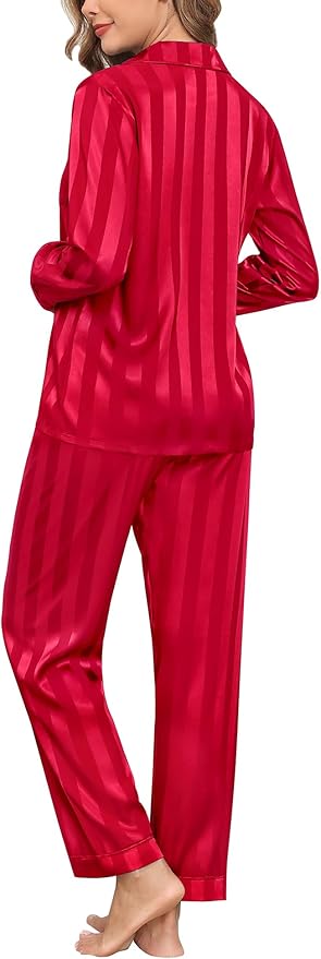 SWOMOG Womens Silk Satin Pajamas Set Long Sleeve Button Down Sleepwear 2 Piece Lounge Set Pj Set XS-3XL