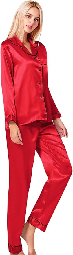 SWOMOG Womens Silk Satin Pajamas Set Long Sleeve Button Down Sleepwear 2 Piece Lounge Set Pj Set XS-3XL