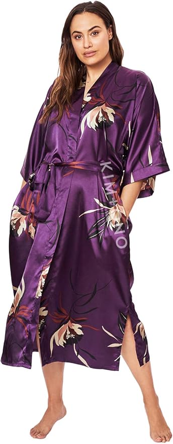 KIM+ONO Plus Size Luxury Kimono Robe for Women | Long Satin Floral Robe | Original Design | Removable Waist Tie Closure