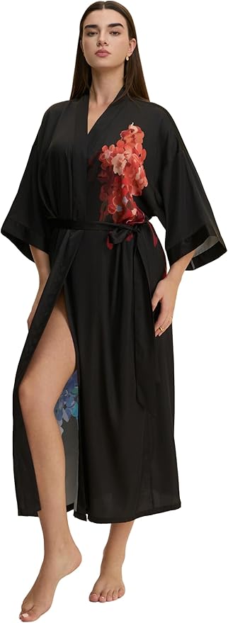 Kihnop Women's Floral Long Kimono Robe Long Satin Robe Long Silk Robe Ladies Kimonos Silky Bathrobe Cover Up, One Size