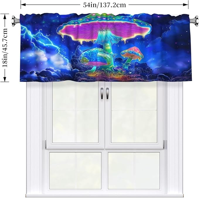 Glowing Neon Mushrooms in Stormy Night Sky Curtain Valance Peach Skin Velvet Printed Window Valance with Rod Pocket Light Filtering for Kitchen Bathroom 54x18in