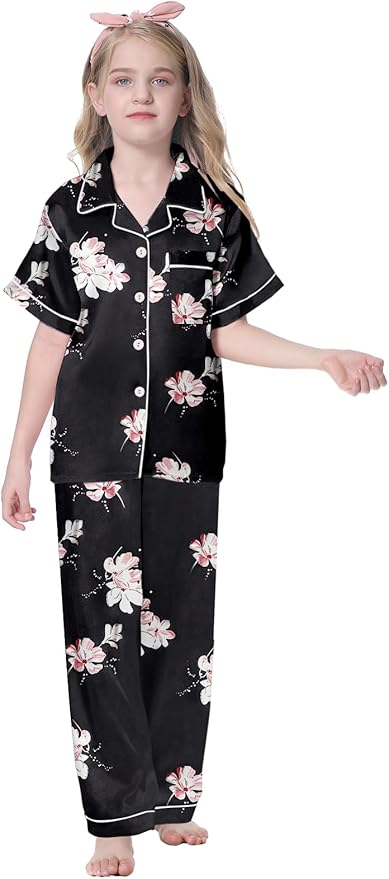 Umeyda Girls Womens Pajamas Set, Satin Silky Button Down Loungewear 2 Piece Short Sleeve Pants PJS Sets for Mommy Kids