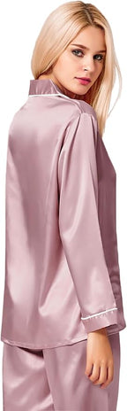 SWOMOG Womens Silk Satin Pajamas Set Long Sleeve Button Down Sleepwear 2 Piece Lounge Set Pj Set XS-3XL