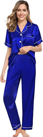 SWOMOG Women Satin Pajamas Set Short Sleeve Top & Pants Sleepwear Silky Button Down Nightwear 2pcs Loungewear Pjs Set