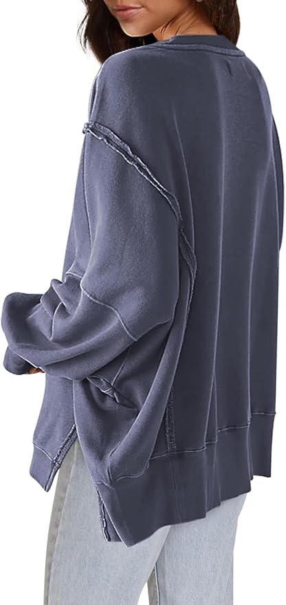 Nirovien Womens Oversized Crewneck Sweatshirt Side Slit Long Sleeve Pullover Slouchy Fit Tops