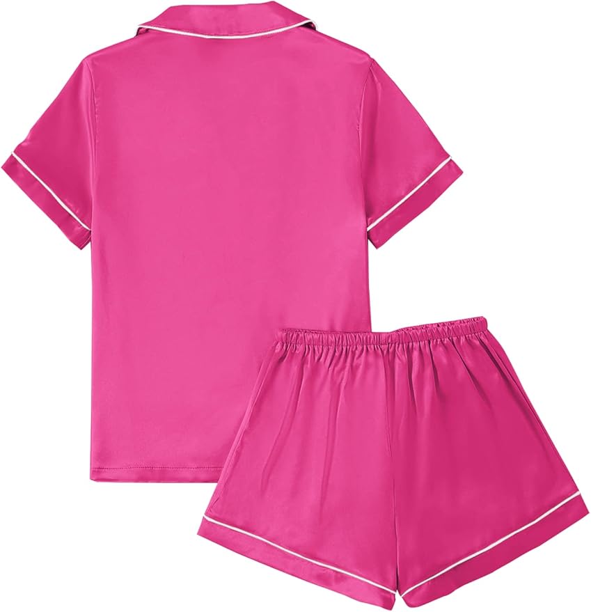 LYANER Women's Silky Satin Pajamas Set Short Sleeve Button Down Shirt With Shorts Pjs Set Sleepwear
