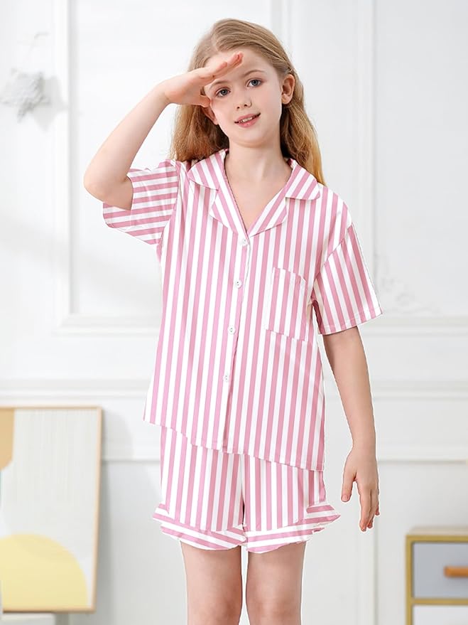 Umeyda Girls & Women Satin Pajamas Set Button Down 2 Piece Silk Pjs Shorts Set Ruffle Sleepwear, 5 Years-Women L