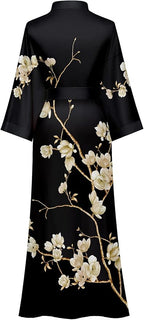 Kihnop Women's Floral Long Kimono Robe Long Satin Robe Long Silk Robe Ladies Kimonos Silky Bathrobe Cover Up, One Size