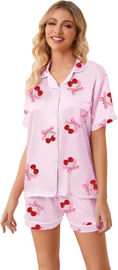 Umeyda Women & Girls Pajamas Set, Soft Satin Lightweight Silk Button-Down Top with Shorts 2 Piece PJS for Mom Boys Kids Gifts