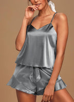 Aamikast Womens Silk Satin Pajama Sets Sexy Cami Ruffled Shorts Sets 2 Piece Pjs Sleepwear