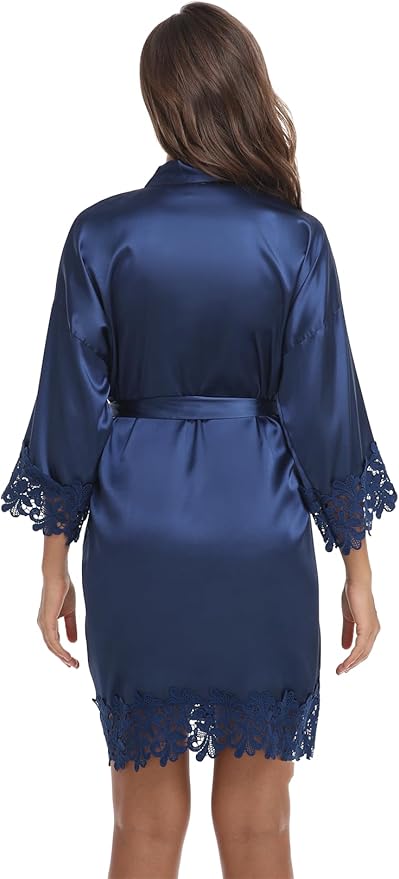 Womens Short Satin Robe Lace Trim Silk Kimono Sleepwear Bridesmaid Robes for Bride Wedding Party Nightgown