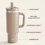 ENCOOL 40 oz Tumbler with Handle and Straw: Stainless Steel Insulated Tumbler Keeps Cold for 24 Hours, Leakproof Travel Cup Fits in Cup Holder and BPA-Free,Raw Umber
