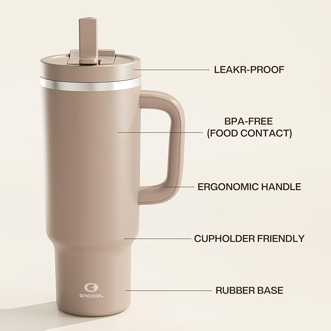 ENCOOL 40 oz Tumbler with Handle and Straw: Stainless Steel Insulated Tumbler Keeps Cold for 24 Hours, Leakproof Travel Cup Fits in Cup Holder and BPA-Free,Raw Umber