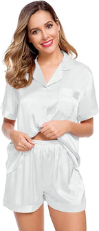 LecGee Womens Silk Satin Pajamas Short Sleeve Loungewear Two-Piece Sleepwear Button-Down Pj Set