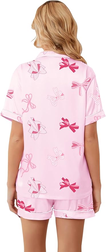 Umeyda Women & Girls Pajamas Set, Soft Satin Lightweight Silk Button-Down Top with Shorts 2 Piece PJS for Mom Boys Kids Gifts