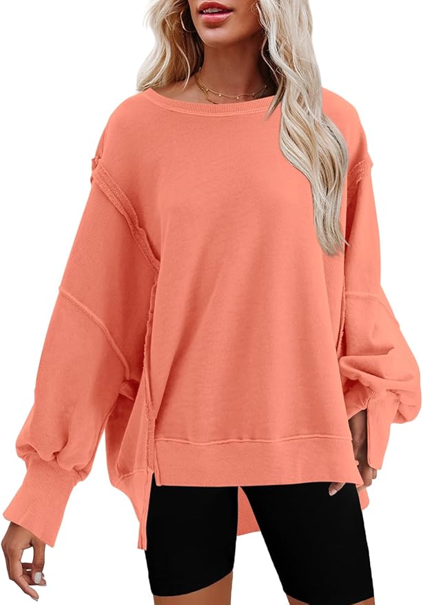 Nirovien Womens Oversized Crewneck Sweatshirt Side Slit Long Sleeve Pullover Slouchy Fit Tops