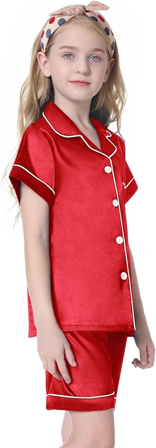 Umeyda Women & Girls Pajamas Set, Soft Satin Lightweight Silk Button-Down Top with Shorts 2 Piece PJS for Mom Boys Kids Gifts