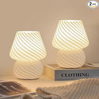 ONEWISH Mushroom Lamps Set of 2 - Small Bedside Table Lamp with Striped Glass, Nightstand Lamp for Bedroom, Living Room, Bulb Included(White)