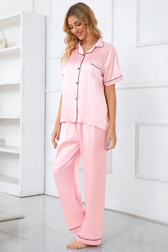 Umeyda Girls Womens Pajamas Set, Satin Silky Button Down Loungewear 2 Piece Short Sleeve Pants PJS Sets for Mommy Kids