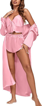 OPOIPIN Women's 3 Piece Pajama Set Sexy Cami Top and Shorts with Robe Sleepwear Loungewear Set