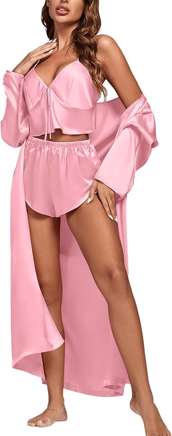 OPOIPIN Women's 3 Piece Pajama Set Sexy Cami Top and Shorts with Robe Sleepwear Loungewear Set