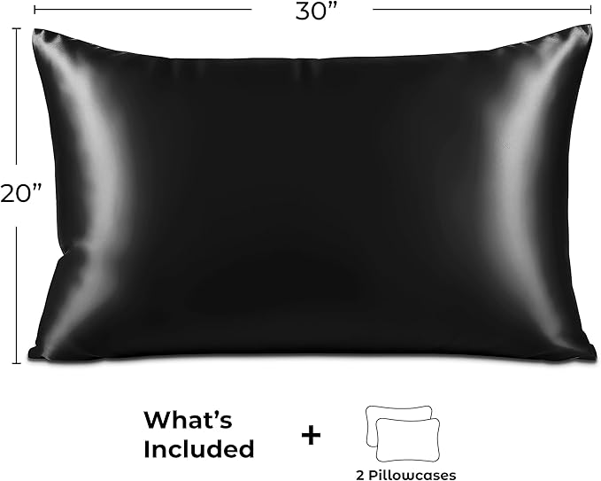 Pure Bedding Satin Pillowcase 2 Pack - Queen Size (20"x30", Black) - Silky Pillow Cases for Hair and Skin - Satin Pillow Covers with Envelope Closure - Extra Soft Premium Microfiber