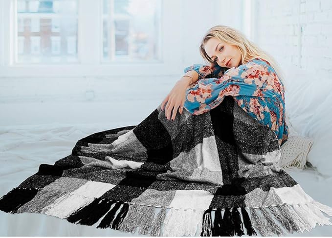 PAVILIA Plaid Blanket, Soft Throw Blanket for Couch Sofa, Knit Chenille Throw Blanket for Twin Size Bed, Living Room Decor Woven Knitted Decorative Blanket, White Black Gray Buffalo Check 60x80in