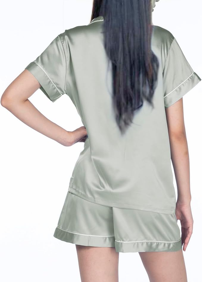 WJing Yi Jia Womens 3Pcs Floral Pajamas Sets Silk Satin Sleepwear XS~4XL Button Down Short Sleeve Shirt Pjs Loungewear