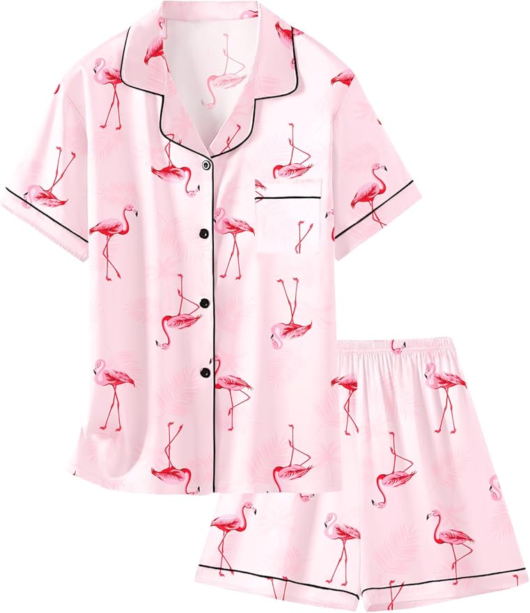Girls & Womens Satin Pajamas Set, Silk Button-Down Sleepwear 2 Piece Nightwear, 3 Years - Women XXL