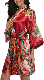 Floral Silk Robes for Women Kimono Satin Short Bath Robe Bridal Dressing Gown Bride Bridesmaids Lightweight Bathrobes