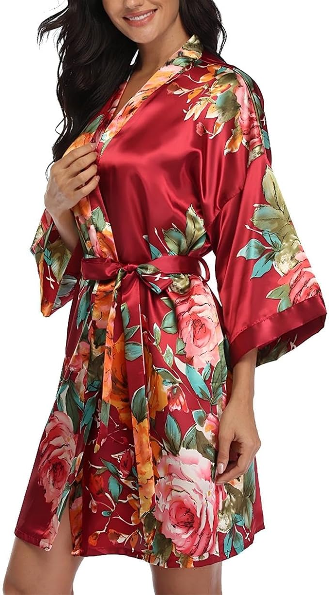 Floral Silk Robes for Women Kimono Satin Short Bath Robe Bridal Dressing Gown Bride Bridesmaids Lightweight Bathrobes