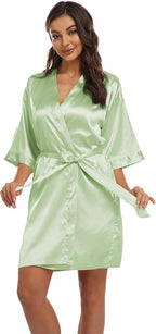 Women's Pure Short Kimono Robes Bride Bridesmaids Silky Bathrobe Lightweight Satin Sleepwear