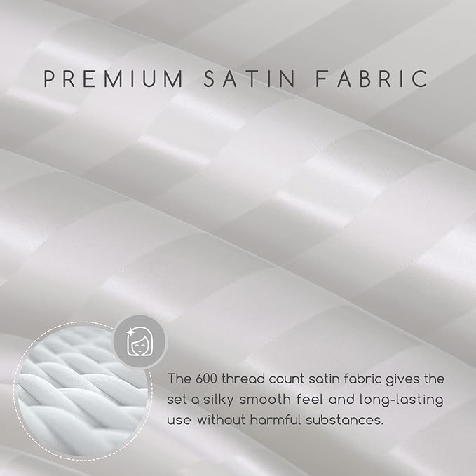 MR&HM Satin Bed Sheets, King Size Sheets Set, 4 Pcs Silky Bedding Set with 15 Inches Deep Pocket for Mattress (King, Ivory Striped)