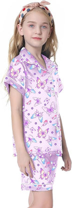 Umeyda Women & Girls Pajamas Set, Soft Satin Lightweight Silk Button-Down Top with Shorts 2 Piece PJS for Mom Boys Kids Gifts