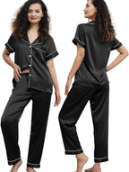 WJing Yi Jia Womens Pajamas Set XS-4XL Floral Silk Satin Pajama Sets Silky Pj Sets 2Pcs Loungewear Sleepwear Button Down Pjs
