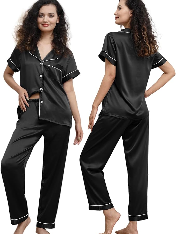 WJing Yi Jia Womens Pajamas Set XS-4XL Floral Silk Satin Pajama Sets Silky Pj Sets 2Pcs Loungewear Sleepwear Button Down Pjs