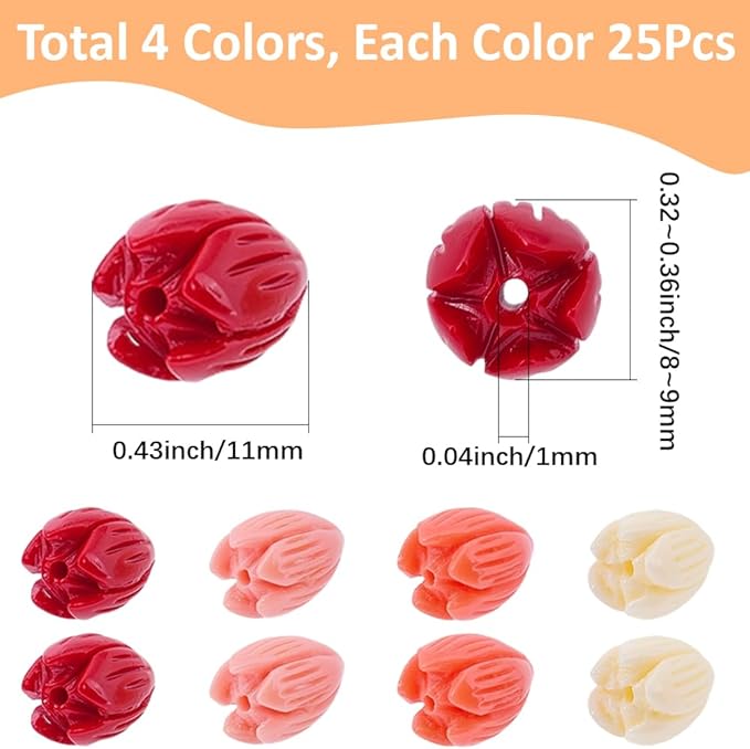 100Pcs 9x11mm Large Coral Flower Beads Floral Jewelry Beads Colorful 3D Carved Jasmine Dyed Synthetic Coral Aesthetic Small Loose Smooth Spacers for Jewelry Making Necklaces Bracelets Adult