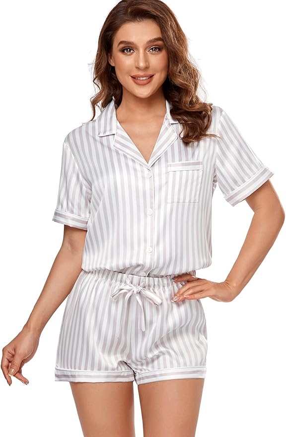Serenedelicacy Women's Satin Pajama Set 2-Piece Sleepwear Loungewear Button Down Short Sleeve Silky PJ Set