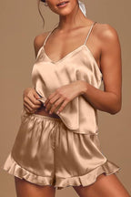CHYRII Women's Sexy Silk Satin Ruffled Pajamas Sets Cami Shorts Sets Sleepwear