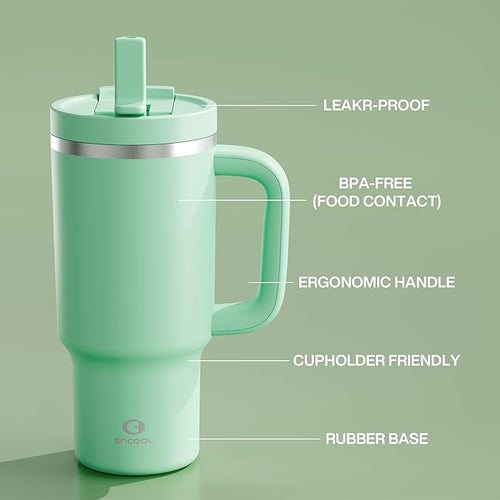 32 oz Tumbler with Handle and Straw: Stainless Steel Insulated Tumbler Keeps Cold for 24 Hours, Leakproof Travel Cup Fits in Cup Holder and BPA-Free,Brook Green
