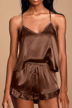 CHYRII Women's Sexy Silk Satin Ruffled Pajamas Sets Cami Shorts Sets Sleepwear
