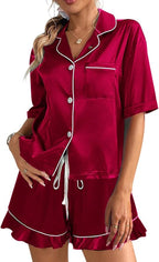 CHYRII Women's Silk Satin Pajamas Two Piece Pj Sets Short Sleeve Tops Ruffled Shorts Sleepwear with Magnetic Diffuser