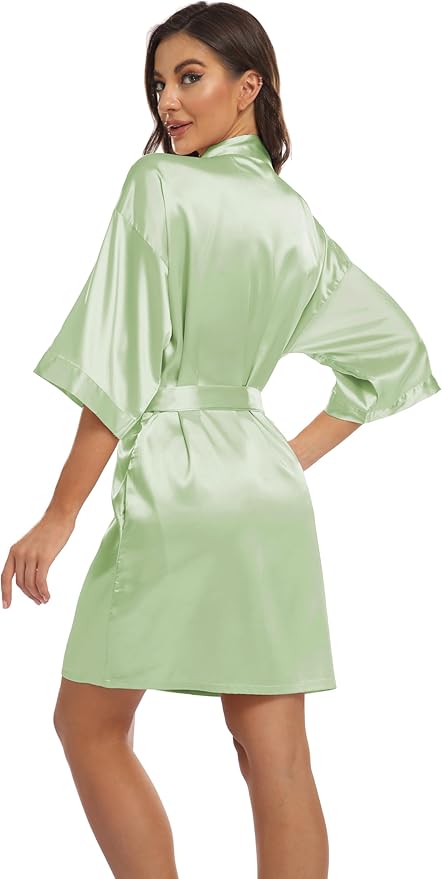 Women's Pure Short Kimono Robes Bride Bridesmaids Silky Bathrobe Lightweight Satin Sleepwear